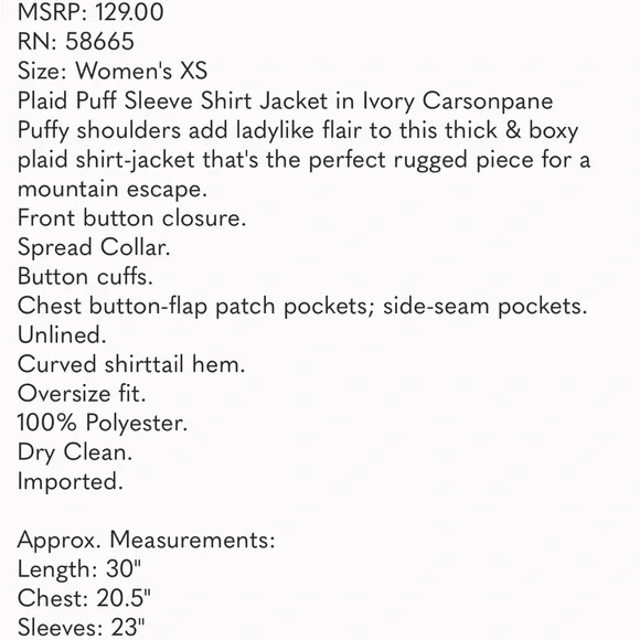 Women’s Treasure & Bond Plaid Puff Sleeve Shacket Shirt Jacket Ivory XS NWT - Picture 13 of 13